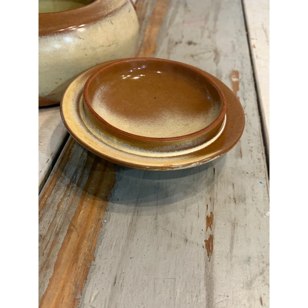 Vintage Studio Pottery Lidded Bean Pot Casserole Dish Brown Tan FRANKOMA